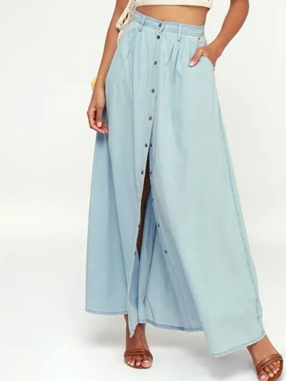 Pistola Baez Blue Chambray Maxi Skirt Women’s Medium Pockets Full Snap Front